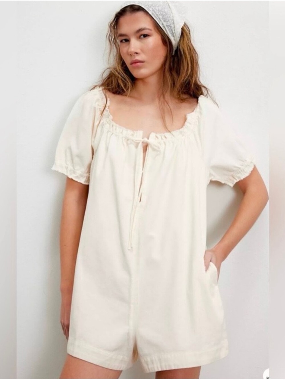 Free People Daisy Denim Babydoll Romper in Vanilla Size XL